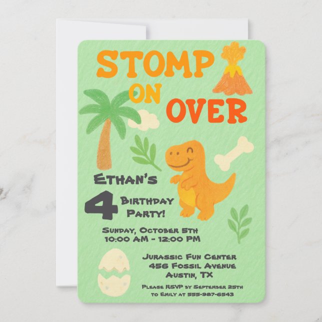 Invitation Editable Crayon Style – Dinosaur Roarsome Birthday (Devant)