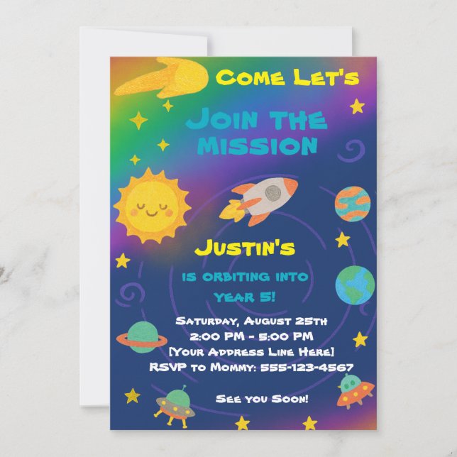 Invitation Editable Crayon Style – Solar System Birthday (Devant)