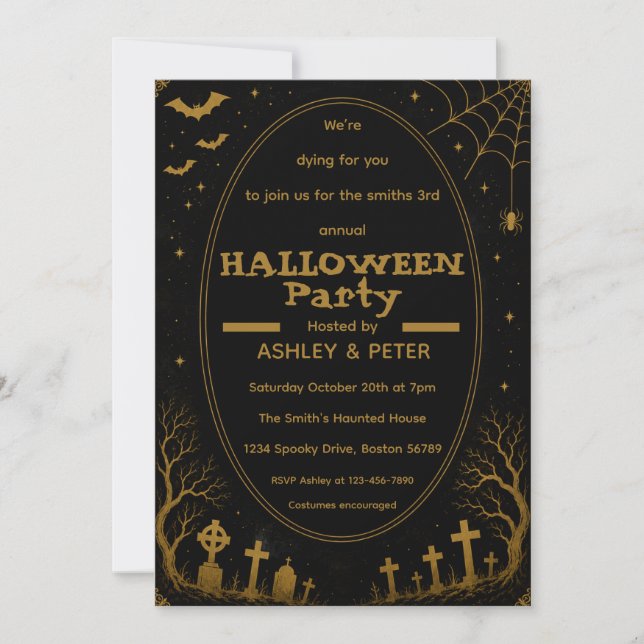 Invitation éditable de fête d'Halloween en or (Devant)