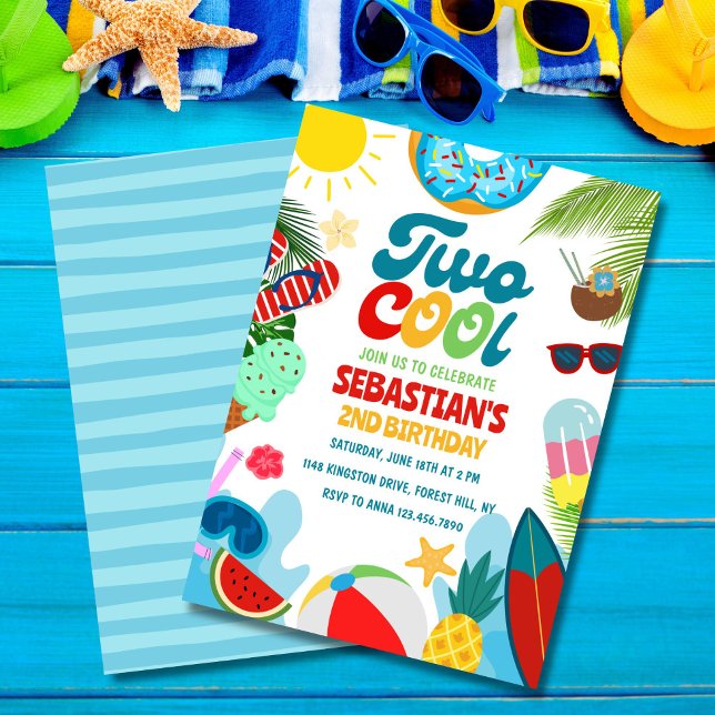 Invitation Editable Deux Fête au bord de la piscine Deuxième  (Summer-themed Two Cool invite – perfect for your two-year-old!)