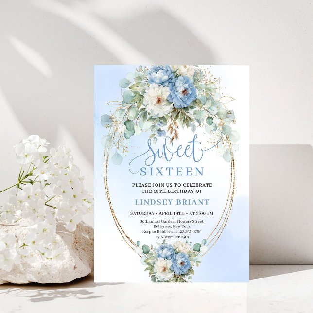 Invitation Editable Digital Dusty Blue Floral Sweet Sixteen (Editable Digital Dusty Blue Floral Sweet Sixteen)