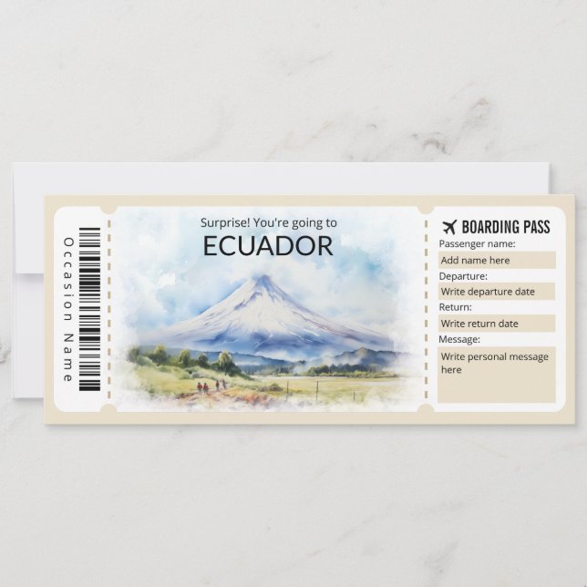 Invitation Editable Ecuador Plane ticket, Equateur Trip (Devant)