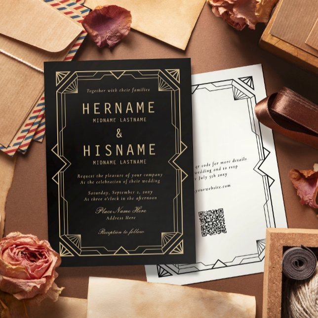 Invitation Editable Elegant Black Art Deco QR RSVP Wedding (Créateur téléchargé)