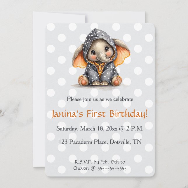Invitation Editable Elephant in Polka Dots Birthday (Devant)