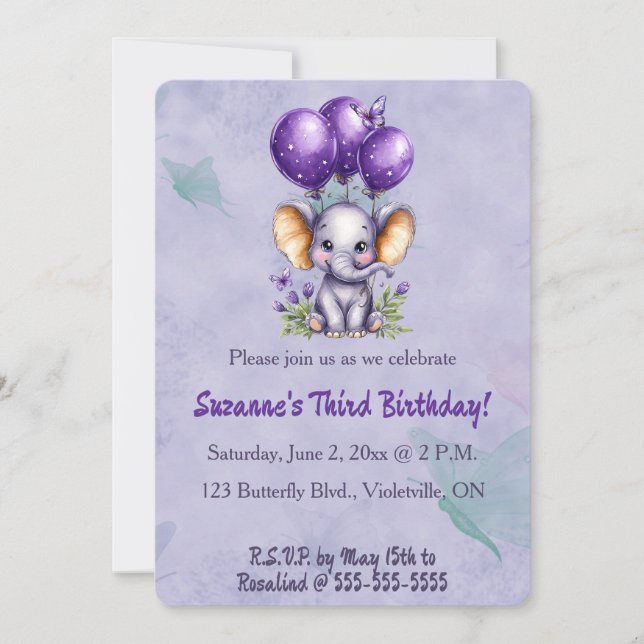 Invitation Editable Elephant Three Balloons and a Butterfly (Devant)