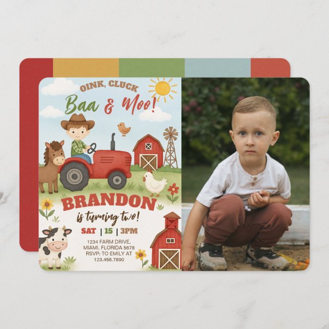 Invitation Editable Farm Animals Birthday Photo (Devant / Derrière)