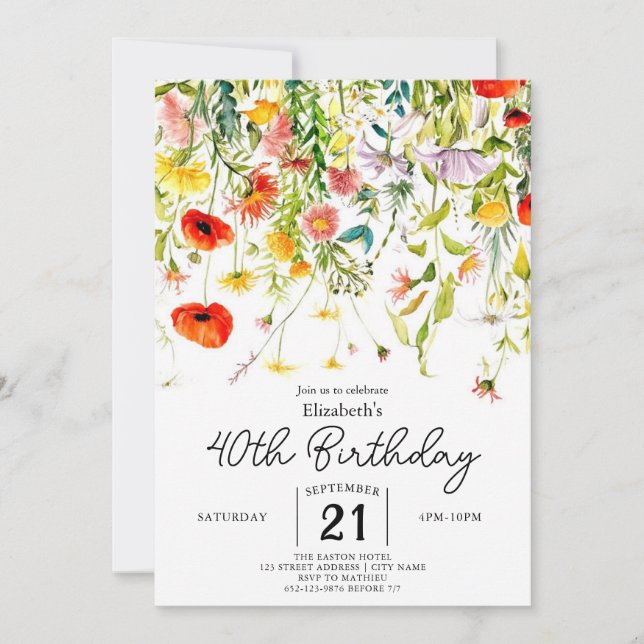 Invitation Editable Green Fleurs sauvages 40e anniversaire (Devant)