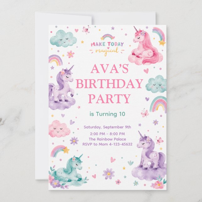 Invitation Editable Magical Unicorn Birthday Card (Devant)