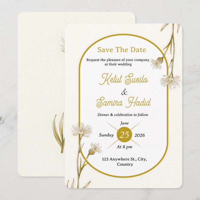 Invitation Editable Minimalist Gold Botanical Wedding Invite (Devant / Derrière)