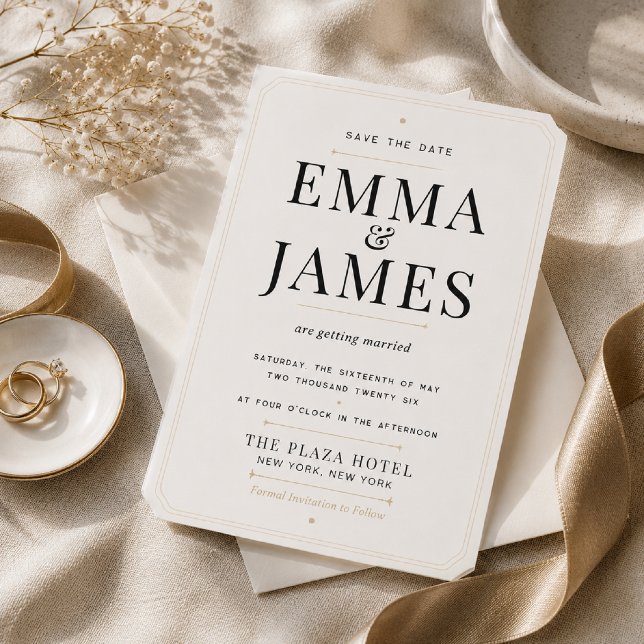 Invitation Éditable Moderne Serif Luxe Save The Date (Modern luxury Save the Date card with champagne accents and elegant editorial styling.)