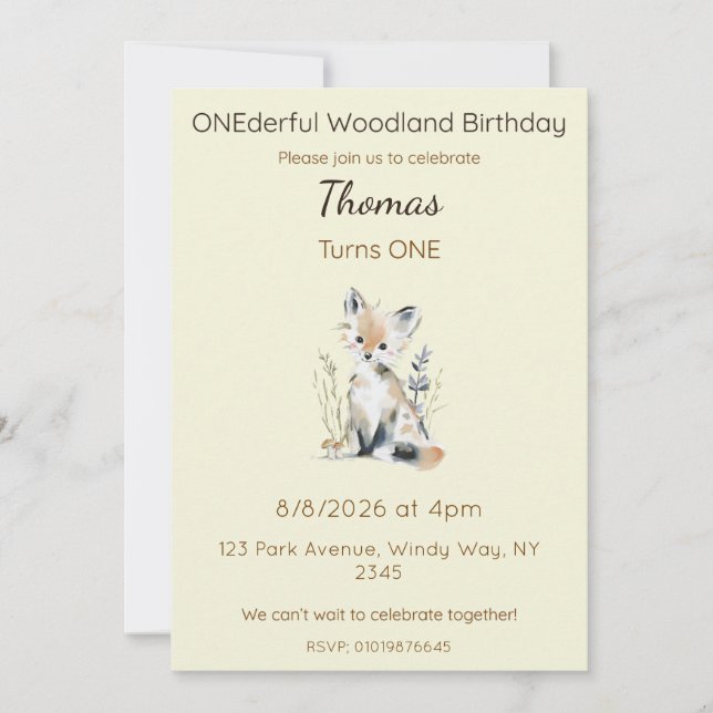 Invitation Editable ONEderful Woodland Birthday (Devant)