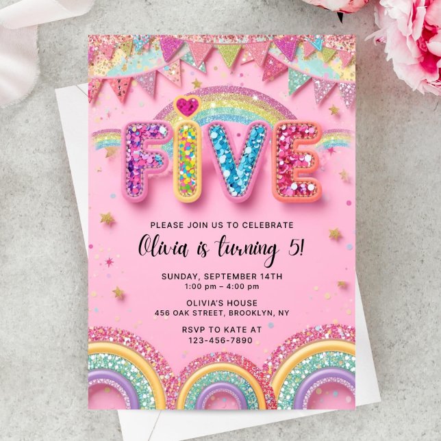 Invitation Editable Pink Rainbow Sequin 5th Birthday Invitati (Créateur téléchargé)