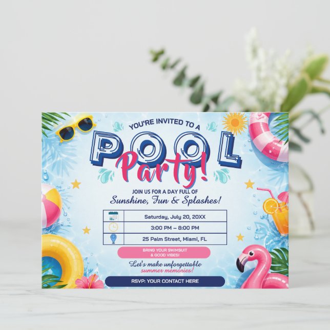 Invitation éditable pour une fête de piscine lumin (Debout devant)