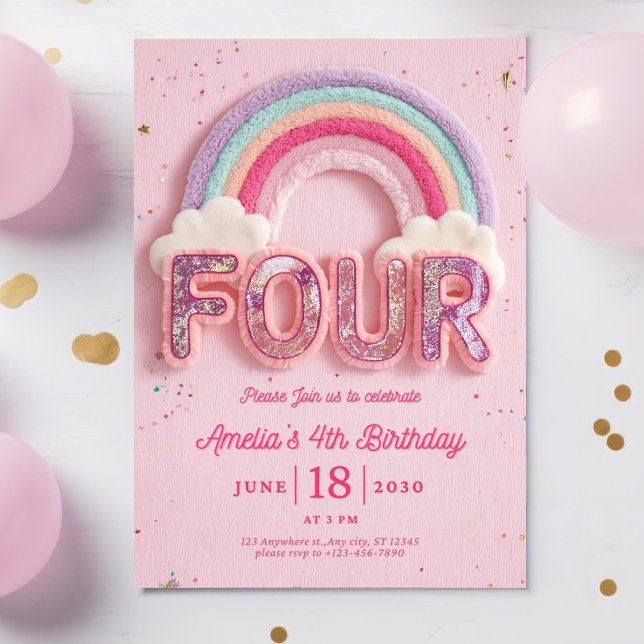 Invitation Editable Rainbow Fourth Birthday Invitation, Pink  (Créateur téléchargé)