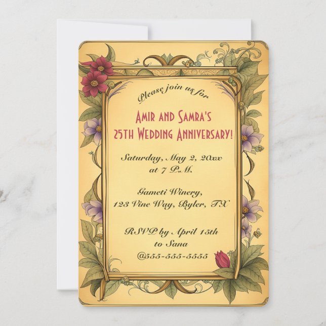 Invitation Editable Red Flowers and Green Vines (Devant)