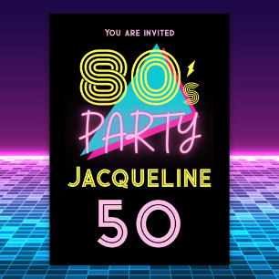 Invitation Editable Retro 80s Party Neon rose 50e anniversair