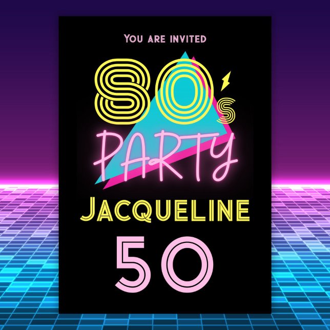 Invitation Editable Retro 80s Party Neon rose 50e anniversair (Créateur téléchargé)