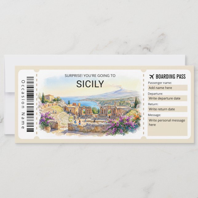 Invitation Editable Sicily Trip Boarding Pass Ticket (Devant)