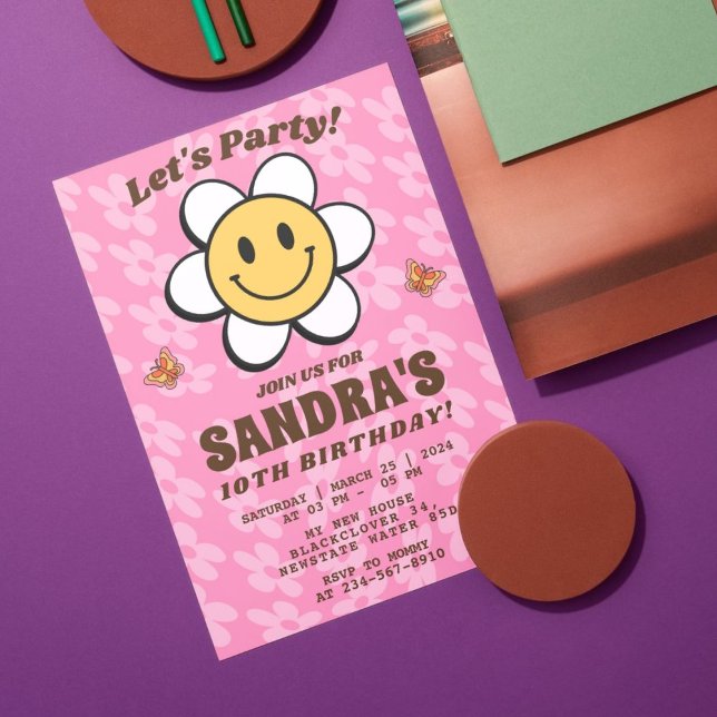 Invitation éditable sourire fleur rétro (Retro Flower Smile Editable Invitation)