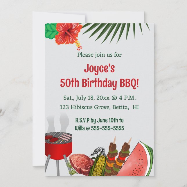 Invitation Editable Tropical Birthday BBQ Party (Devant)