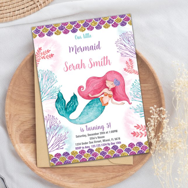 Invitation Editable Under the Sea Party Card avec thème Océan (Green Mermaid Birthday Invitation)