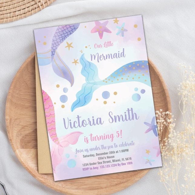 Invitation Editable Under the Sea Party Card for Girls (Mermaid Tails Birthday Invitation)