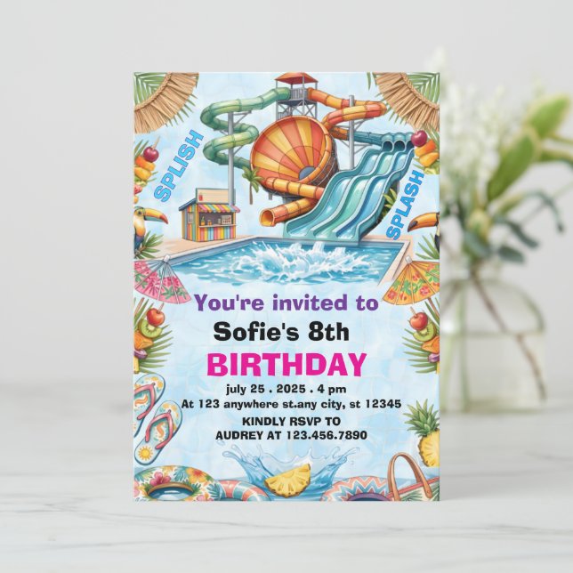 Invitation Editable Water Slide Birthday Splash Pool Party  (Debout devant)
