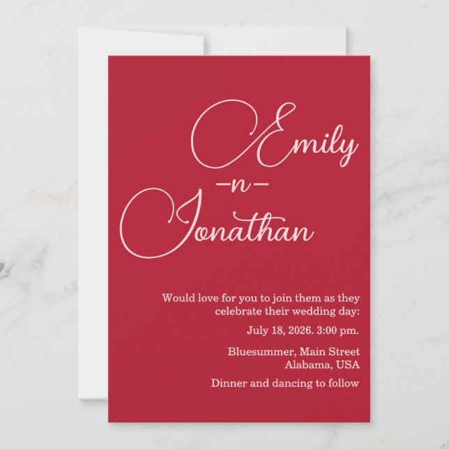 Invitation Éditorial Chic Moderne Mariage Photo Rouge Profond (Devant)