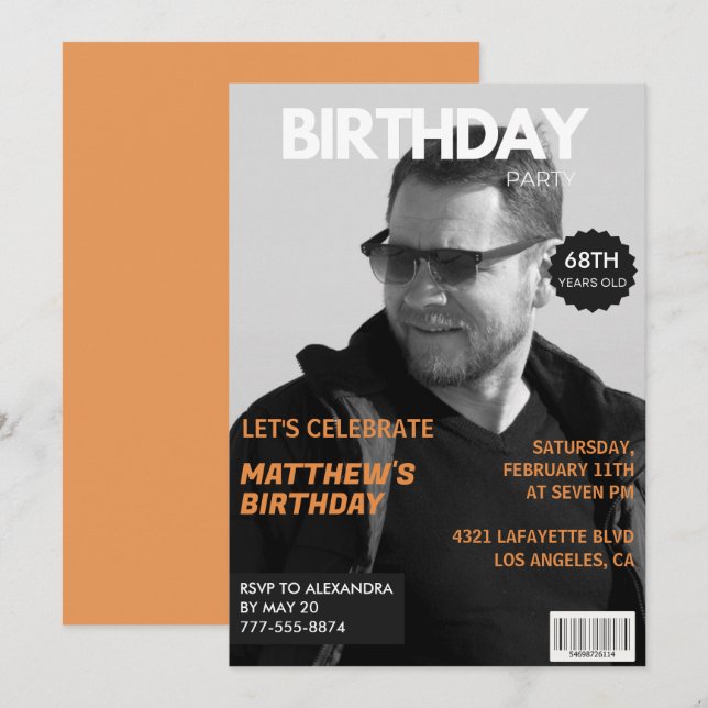 Invitation Éditorial de magazine noir et blanc 68e anniversai (Devant / Derrière)