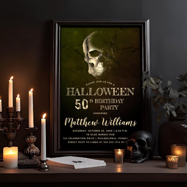 Invitation Eerie Night Skull Halloween 50e Anniversaire Fête  (Eerie Night, Creepy, Scary Skull Halloween Adult Birthday Party Invitation)