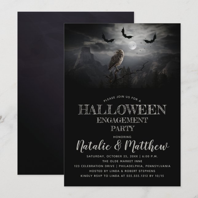 Invitation Eerie Owl | Bats Night Halloween (Devant / Derrière)
