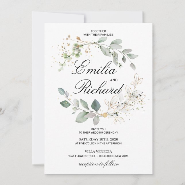 Invitation Eeucalyptus et or vert moderne et élégant (Devant)