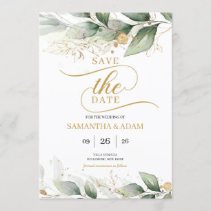 Invitation Eeucalyptus feuille en or vert sauver la date