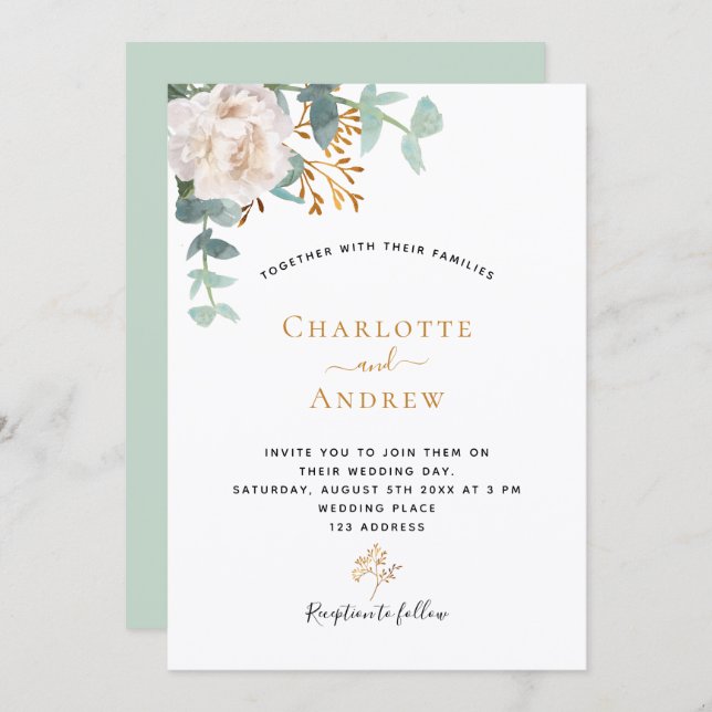 Invitation Eeucalyptus floral verdure mariage moderne élégant (Devant / Derrière)