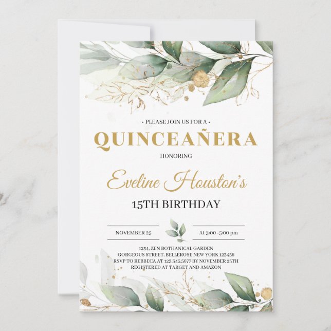 Invitation Eeucalyptus quinceanera feuille vert et or (Devant)