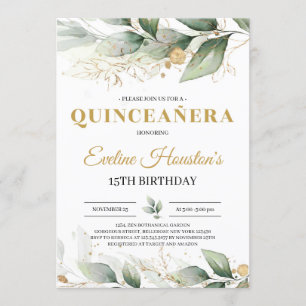 Invitation Eeucalyptus quinceanera feuille vert et or