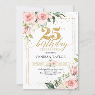 Invitation Eeucalyptus rose boho et parties scintillant dorée