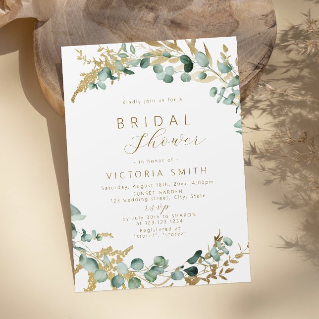 Invitation Eeucalyptus rustique or vert boho douche nuptiale (Rustic eucalyptus gold greenery boho bridal shower invitation)