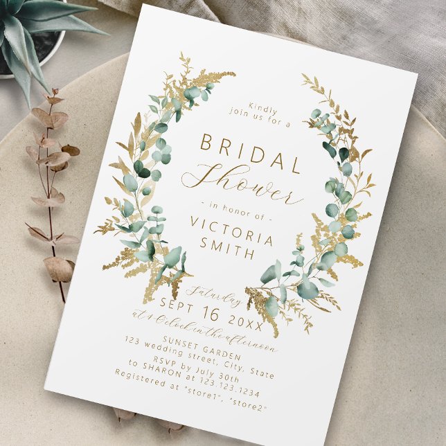 Invitation Eeucalyptus rustique or vert boho douche nuptiale (Rustic eucalyptus gold greenery boho bridal shower invitation)