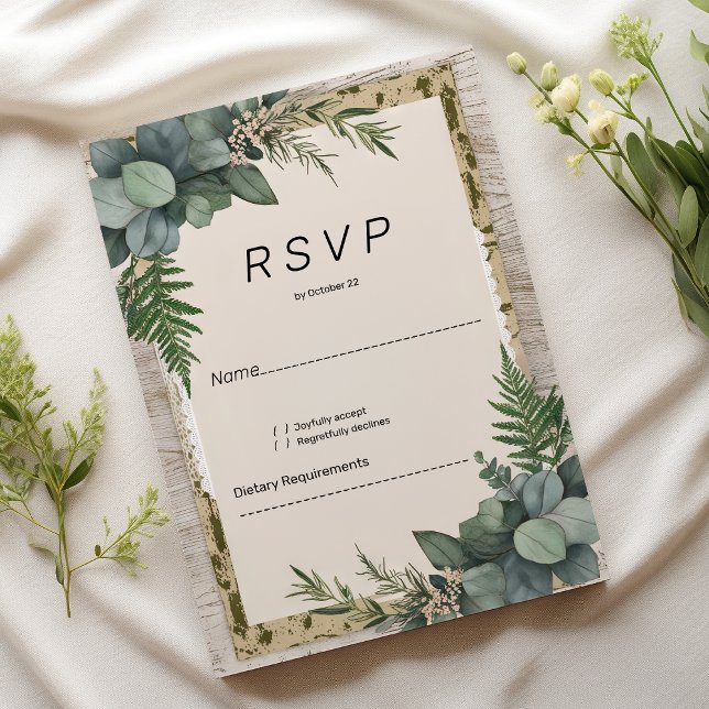 Invitation Eeucalyptus rustique verdure botanique RSVP (Rustic eucalyptus botanical greenery RSVP)