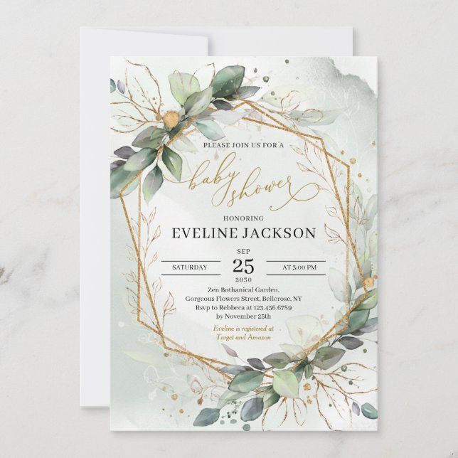 Invitation Eeucalyptus verdoyant et baby shower faux or (Devant)