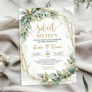 Invitation Eeucalyptus vert délicat et sweet sixteen or