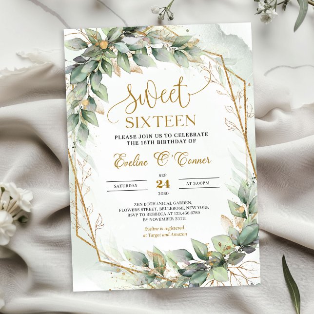 Invitation Eeucalyptus vert délicat et sweet sixteen or (Chic watercolor green eucalyptus and gold sweet sixteen invitation digital)