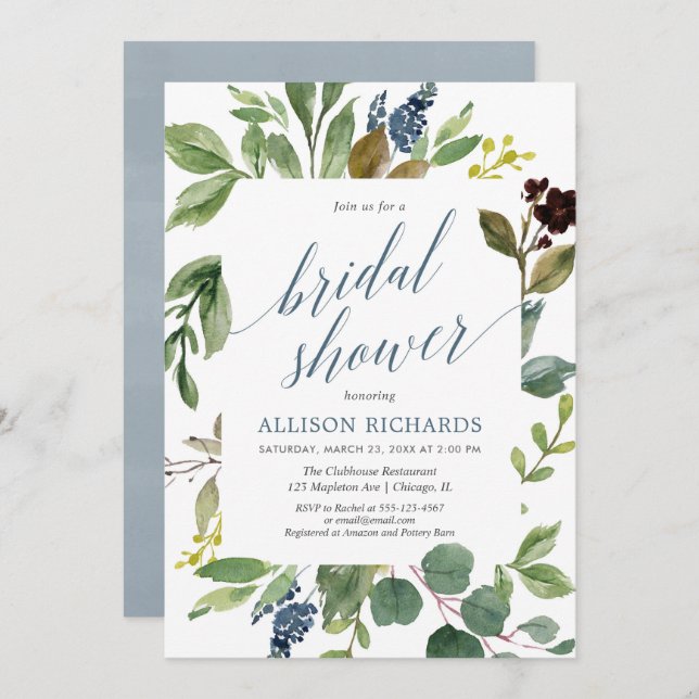 Invitation Eeucalyptus vert vert feuille nuptiale bleu poussi (Devant / Derrière)