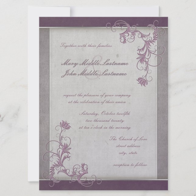 Invitation Effet Mauve métallique Bordure florale modifiable  (Devant)