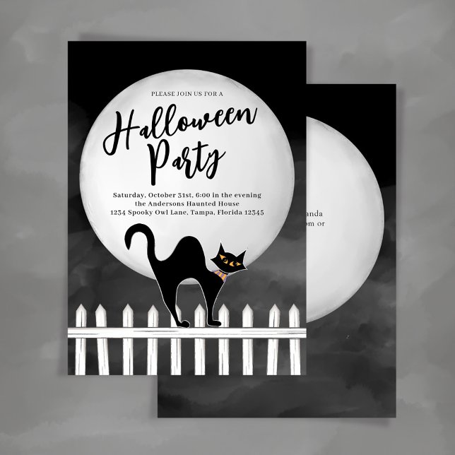 Invitation Éffrayant Chat noir Halloween (Halloween party black cat custom party invitations.)