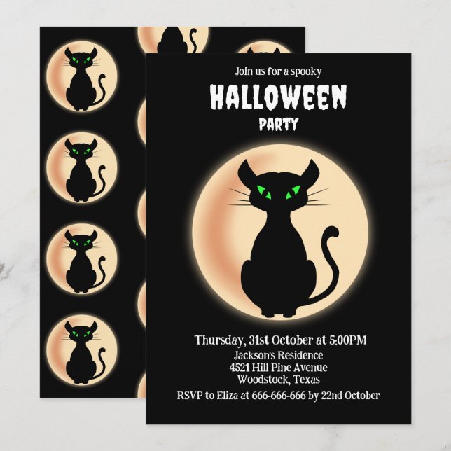 Invitation Éffrayant chat noir yeux verts avec lune Halloween (Devant / Derrière)