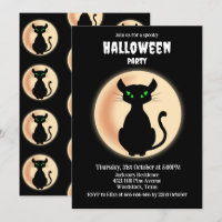 Éffrayant chat noir yeux verts avec lune Halloween