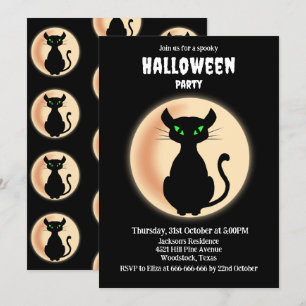 Invitation Éffrayant chat noir yeux verts avec lune Halloween