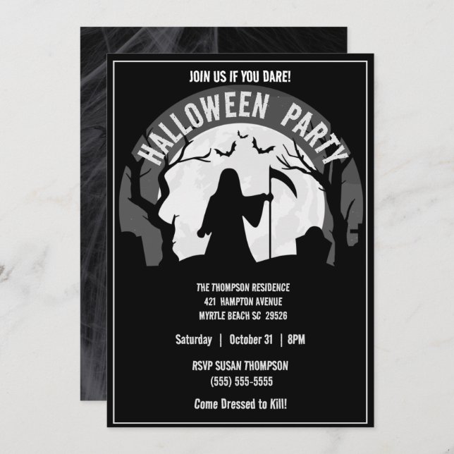 Invitation Éffrayant Grim Reaper Halloween Party (Devant / Derrière)